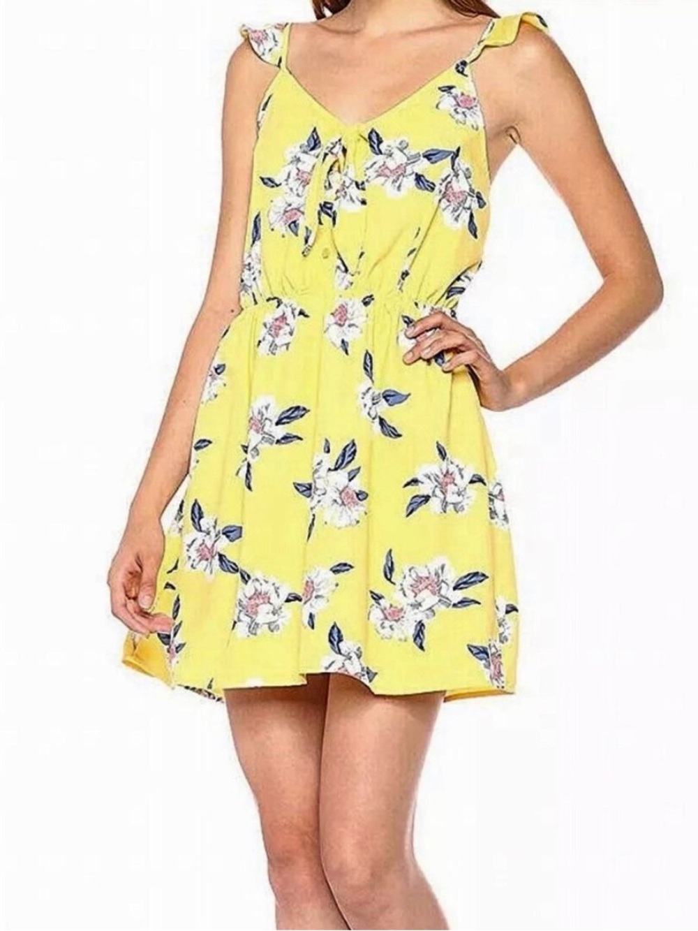 Sweet Wanderer Yellow Floral Tie-Front Mini Dress Size Medium